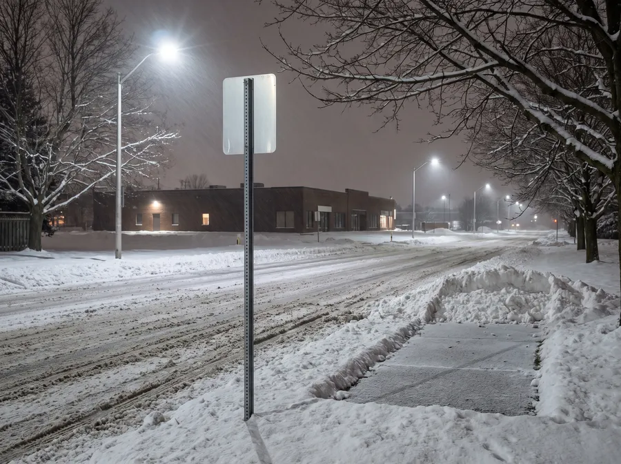 Generated scene: a bus stop pole with a blank plate on a snowy road at night, tall street lights and a low building with lit windows far behind.