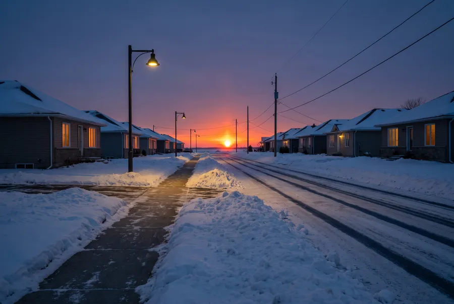 Generated scene: a small-town street in December at sunset, snow on low house roofs, lit windows and street lamps, cleared sidewalks and long shadows on snow.
